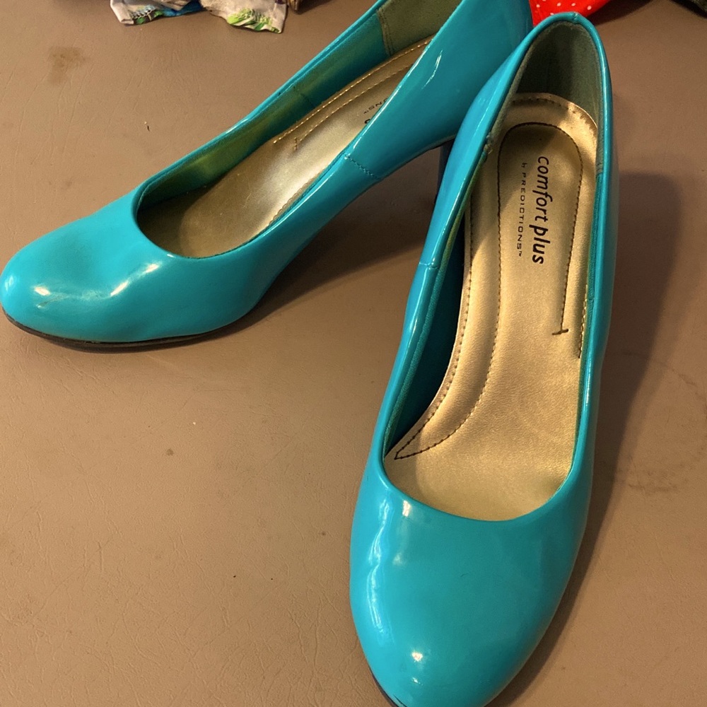Turquoise patent leather pumps heels comfort